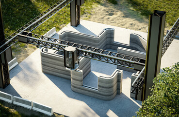 3d printing single-family house with concrete. New technology house building using a modern CNC machine. 3d render