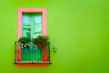 Fototapeta na wymiar home sweet home: green window against a green wall