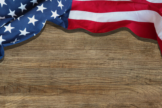USA flag on old white wall. Horizontal panoramic banner. 3D illustration