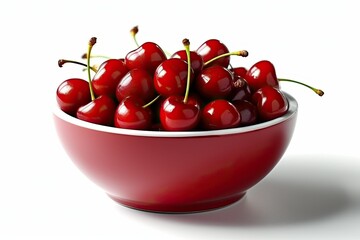 Cherry, red fruit in bowl, white background (Ai generated)