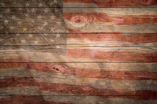 Wooden American Vintage Stage Background. Stage with Painted Aged American Flag Paint.