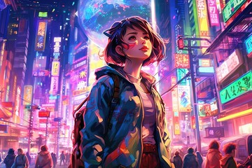 Anime girl globetrotter, standing in the middle of a bustling city street, surrounded by skyscrapers and neon lights, manga style illustration generative ai - obrazy, fototapety, plakaty
