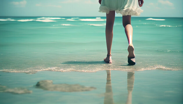Beautiful woman legs walking into the sea copy space Ai generated image
