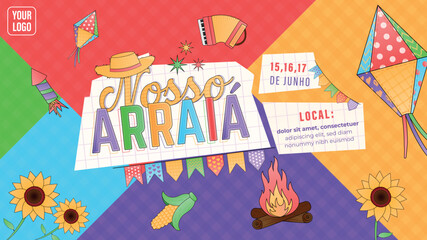 Arraiá horizontal banner balão fogueira milho chapéu sanfona bandeirinhas