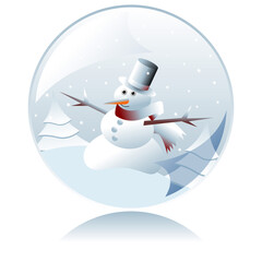 Christmas snowman inside crystal ball over white background