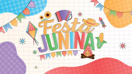 Festa Junina balão fogueira milho chapéu sanfona bandeirinhas banner template