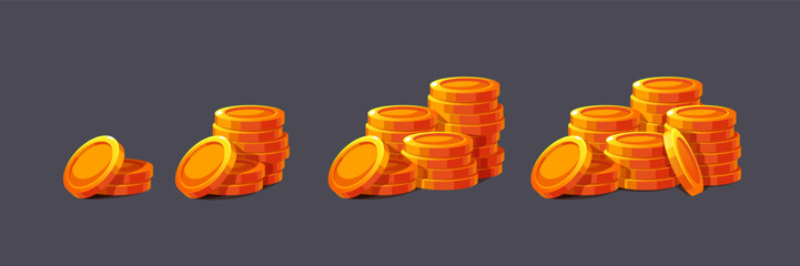 Vector set of gold coins isolated on a gray background. Icons of coins for games in casual style. Heaps of gold coins. Collection of icons for currency