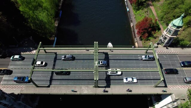 Drone Shot of Boats and Cars Passing Montlake Bridge