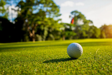 Golf ball is on a green lawn in a beautiful golf course with morning sunshine.