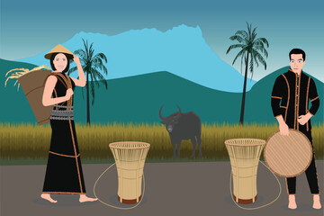 a man and a woman dressed in traditional costumes during paddy harvesting season. Bamboo handicrafts used for harvesting paddy are easily found in the villages