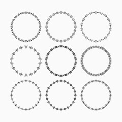 Black cute Aztec and tribal symbols border pattern empty circle emblems set design elements on white background