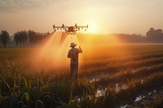 Modern young farmer using flying drone to inspect the rural farm, Generative AI