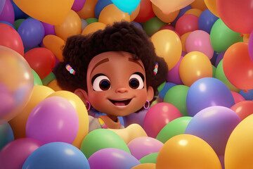 Generative AI illustration of cute African American cartoon girl with Afro hairstyle and colorful accessories smiling happily while standing among multicolored balloons