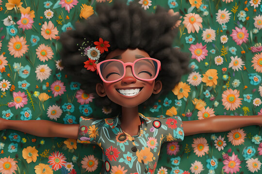 Generative AI illustration of happy young African American cartoon woman with dark curly hair wearing bright shirt and eyeglasses with closed eyes and smiling while lying on colorful flowers