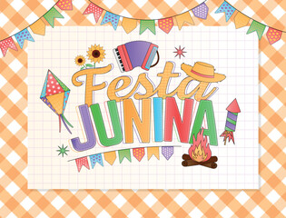 Festa junina lettering banner cartoon elements