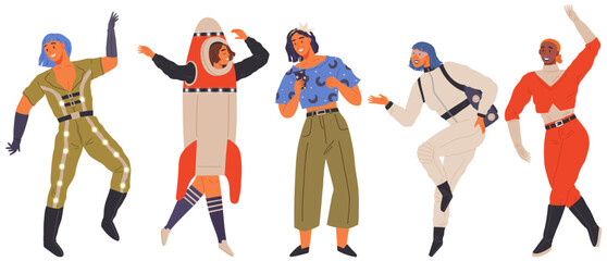 Animators at birthday party in cosmic style. Theme party in costumes. Dancing people in costumes have fun at space party. Characters in self made outfits surrounded by cosmic bodies, space disco