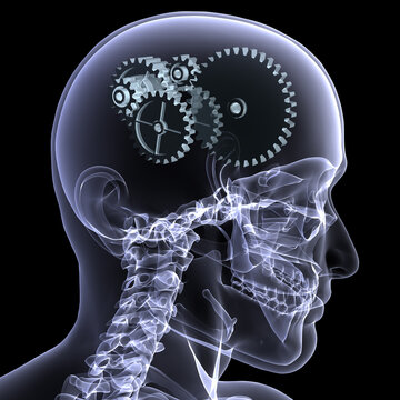 Close-up X-Ray of a male skeleton head with a series of gears for the concept of thought. Isolated on a black background