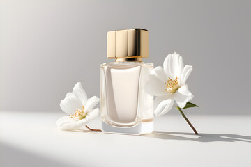 Obraz na płótnie Canvas perfume bottle mockup with flowers on light background, Generative AI 8