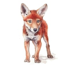 Fototapeta premium Baby Red Wolf watercolor with ink outline on white background, high detailed (generative AI)