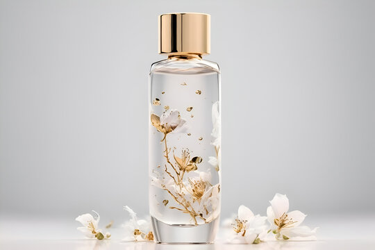 perfume bottle mockup on light background with flowers, Generative AI