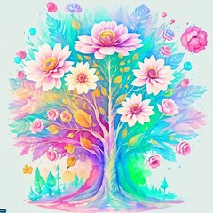 Illustration of fantasy tree with flowers. Generative AI