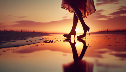 Beautiful woman legs walking into the sea in sunset Ai generated image