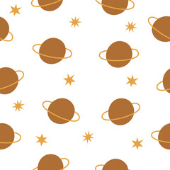 Boho celestial seamless pattern with planets and stars. Brown and yellow colors universe surface design