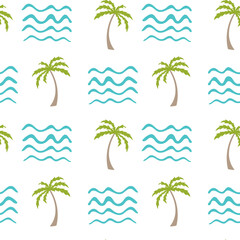 Fototapeta na wymiar Doodle Summer tropical seamless Pattern. Geometric abstract background with hand Drawn sea waves and Palm trees. Summer vacation concept