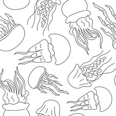 Seamless Pattern of the Underwater world. Hand drawn black Contour of swimming Jellyfish on a white Background. Summer marine background with Doodle meduses