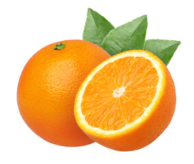 orange fruit with leaves and half isolated, Orange fruit macro studio photo, transparent png, PNG format, cut out
