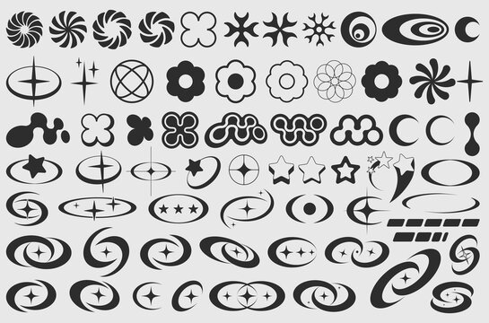 Cool Set Of Y2K Shapes Vector Design. Modern Geometric Signs Collection. Pack Of Abstract Figures. Rave Acid Graphic. Streetwear Elelements.