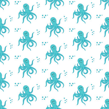 Cartoon swimmiing octopus background. Seamless pattern of the underwater world. Great for printing on fabric, covers, wallpapers, flyers