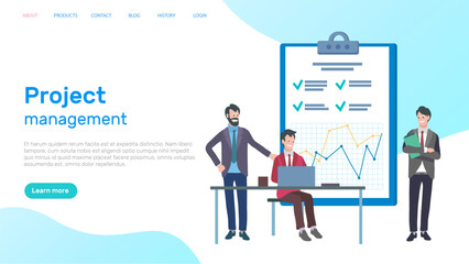 Project management landing page template. Idea of business plan and strategy. Marketing analysis and development, business communication, workflow and consulting, colleagues working together as team