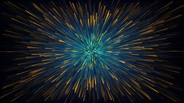 Cosmic dark background with fast moving yellow and blue neon particles. Flash with colored glowing rays. Looped animation.
