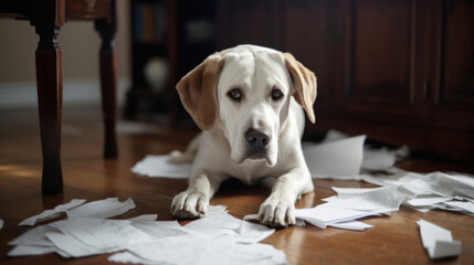Guilty-Looking Dog Amidst Shredded Documents: Mischievous Pet Awaits Punishment. AI Generative