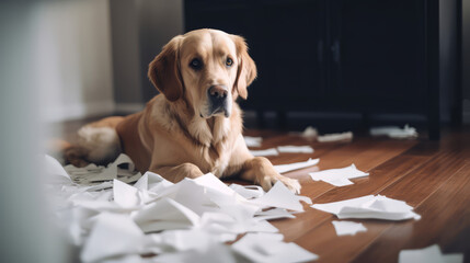 Mischievous Dog Caught Red-Handed - Puppy Sitting on Shredded Important Documents at Home, Awaiting Punishment. AI Generative