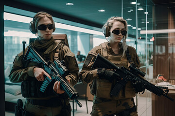 Bank robbers robbing a bank with guns. Generative AI