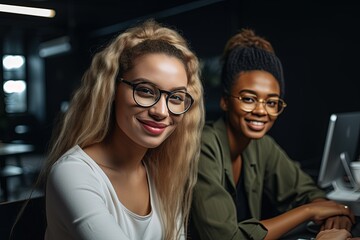 Obraz premium Portrait of two young women working on software development project together and smiling happily. Generative AI
