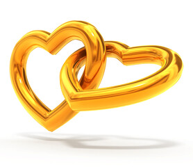 two gold hearts connected 3d model illustration