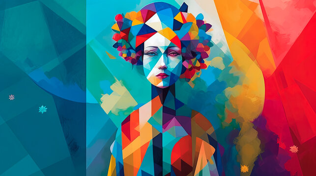 Fototapeta Figure in colorful costumes stands on a bright blue background. Textured and layered abstract forms, geometric surrealism, generative ai