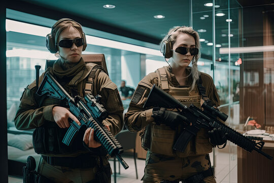 Bank robbers robbing a bank with guns. Generative AI