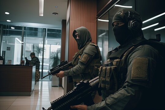 Bank robbers robbing a bank with guns. Generative AI