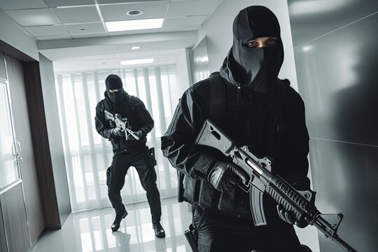 Bank robbers robbing a bank with guns. Generative AI