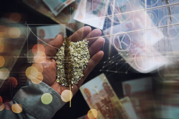 The concept of the cost of grain. 5000 ruble banknotes around a handful of ground grain. World...