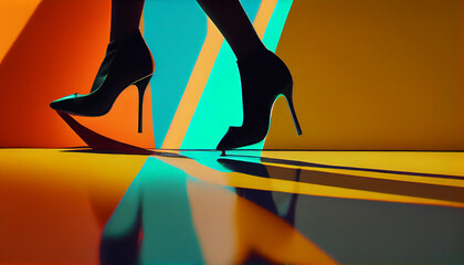 Close shot of Beautiful woman legs wearing black top hils , fashion girl Ai generated image  - obrazy, fototapety, plakaty