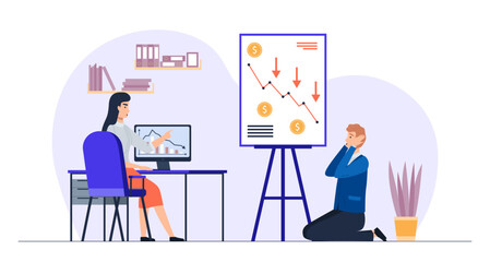 Company bankruptcy. Financial rescue, depressed businessman. Economic financial crisis, sinking business, loan payback money problem, people and economy recession falling arrow vector concept