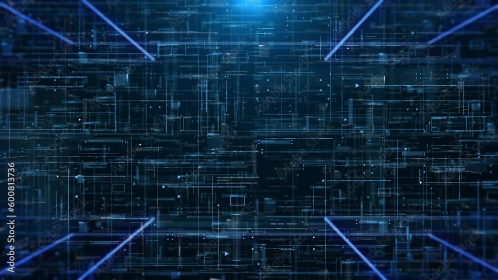Poster Digital technology cyberspace network connection fly through scene concept 4K motion background.