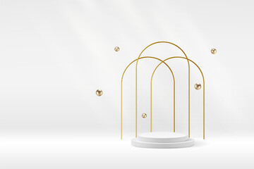 White product podium background with tripple golden arch. Premium abstract light vector beauty exhibition.