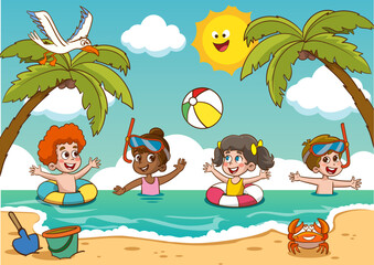 Kids sunbath swimming in the Sea at Summer Children s Camp on Sea Beach Shores
