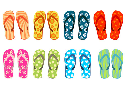 Beach sandals. Different colorful flip-flops over white background.